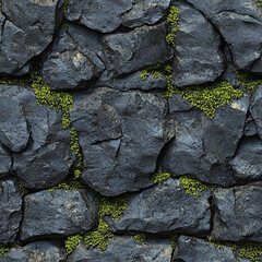 Rough black basalt with thick moss growth filling deeper grooves seamless texture