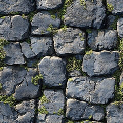 Rough coarse basalt with moss forming thin trails along uneven surfaces seamless texture