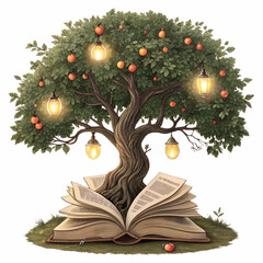 Vector illustration of a green pine Christmas tree decorated with gold balls and seasonal ornaments surrounded by holiday gifts for a winter New Year celebration isolated on white