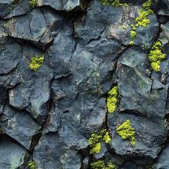 Rough dark basalt rock with vibrant emerald moss growing in streaks seamless texture