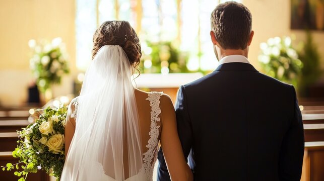 A bride and groom walking down the aisle in a church with flowers and a white veil.