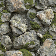Rough granite boulder with rich olive green moss forming uneven patches seamless texture