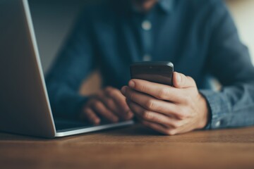 Man using mobile phone with laptop on wooden desk for business communication and online connection social media and digital technology concepts