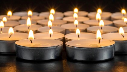Close-up of numerous, warm, softly glowing tealight candles against a dark background