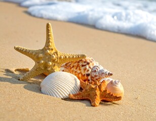 Close-up of starfish and seashells resting on sunlit sandy beach with gentle waves