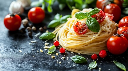 spaghetti with tomato sauce and basilClassic Italian spaghetti served with rich tomato sauce and fresh basil leaves, a delicious homemade pasta dish showcasing authentic Mediterranean flavors, perfect