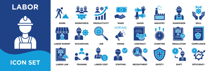 Labor icon collection set. Containing  workforce, hiring, wages, safety, compliance, productivity, training, and efficiency. glyph color illustration vector