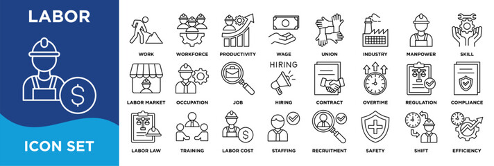 Labor icon collection set. Containing  workforce, hiring, wages, safety, compliance, productivity, training, and labor market concepts. lineal vector