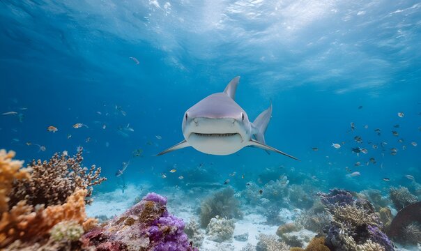 a large white shark in the center facing the camera, front top view, colorful coral reefs, many tropical fish