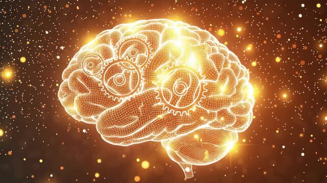 Glowing digital brain with mechanical gears symbolizing intelligence technology innovation futuristic light golden bright neural network connections creative mind concept thinking process warm tones