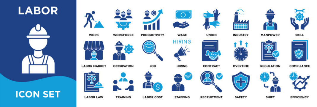 Labor icon collection set. Containing  workforce, hiring, wages, safety, compliance, productivity, training, and efficiency. glyph color illustration vector
