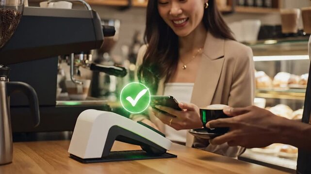 Close-up of a smiling businesswoman using NFC payments with a smartphone at a cafe checkout counter with a cashier.