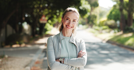 Happy woman, portrait and fitness with confidence for workout exercise, health or wellness in road....