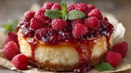 A delicious looking cheesecake with a raspberry topping