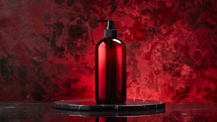 A sleek red pump bottle stands on a dark marble pedestal against a dramatic smoky red background, showcasing a premium product.