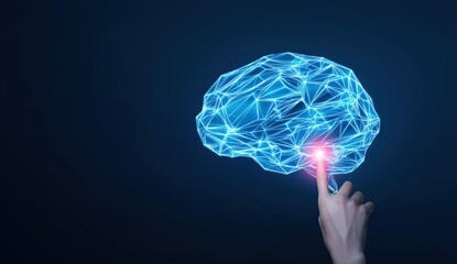 Human brain digital interface with hand touching futuristic technology on dark background for artificial intelligence and machine learning concepts