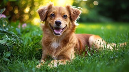 A happy, smiling dog lying in a grassy field with a blurred background of trees and flowers.