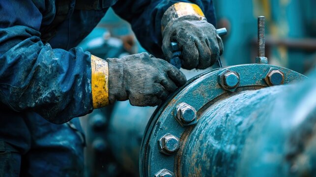 A worker in a blue jumpsuit and gloves is working on a large blue metal pipe with bolts and nuts in an industrial setting.