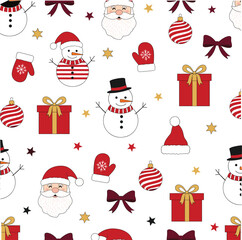Seamless Christmas Pattern with Santa Snowmen Gifts Ornaments Mittens Bows and Festive Stars