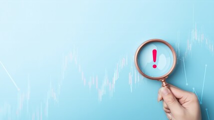Magnifying glass focuses on red exclamation point over stock market graph on blue background for financial risk analysis and investment concerns