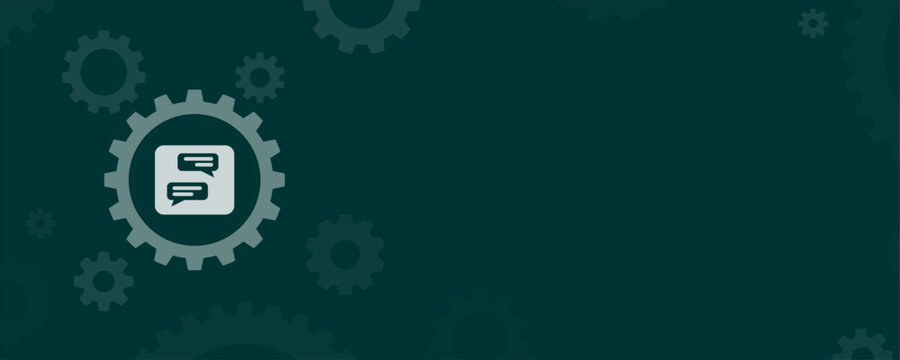 Chat bubble speech message icon inside gear wheel on dark green background vector banner with copy space
