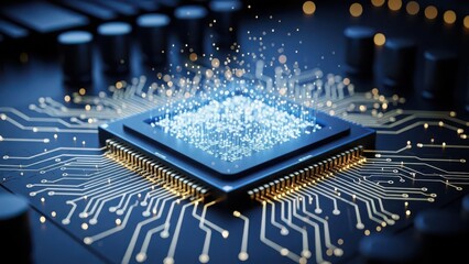 A glowing microprocessor on a circuit board symbolizing data flow and high-speed processing