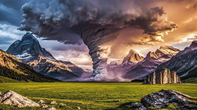 Observing a Powerful Tornado Forming Over Open Fields and Mountains
