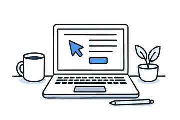 ノートパソコンの画面上でカーソルが操作されている様子を描いたミニマルなフラットデザインのデスクワークイラスト