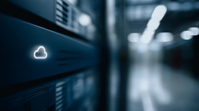A modern server room showcases a rack of computer servers, with a cloud icon, symbolizing the dynamic environment of cloud computing. - Powered by Adobe