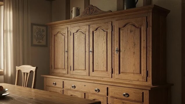 Rustic Wooden Cabinet and Dining Table in a Warmly Lit Interior Scene