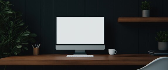 Desktop computer with blank white screen on wooden desk with plants and coffee cup for home office or business mockup