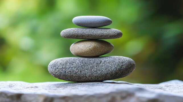A stack of stones balanced on a rock with a blurred green background.