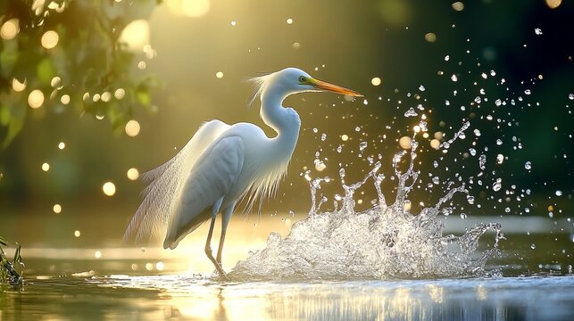 Great Egret Wading Through Shallow Water at Sunrise