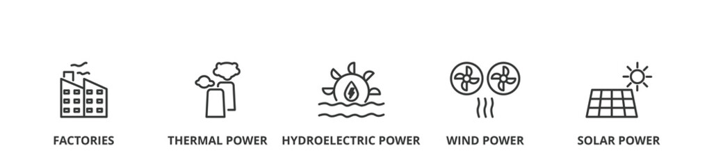 Smart grid banner vector illustration concept with icon of factories, thermal power, hydroelectric power, wind power and solar power
