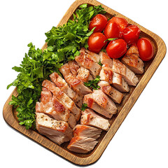 Top view of spicy turkey cold cut on a wooden tray studio shot isolated on a white transparent background