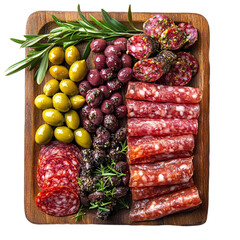 Top view of stuffed olives and salami cold cut on a wooden tray studio shot isolated on a white transparent background