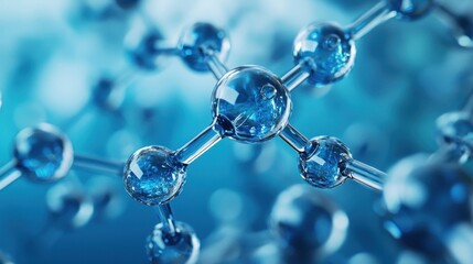Glass molecular structure with blue and transparent spheres.