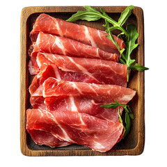 Top view of Swiss ham cold cut on a wooden tray studio shot isolated on a white transparent background