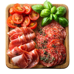 Top view of tomato and basil cold cut on a wooden tray studio shot isolated on a white transparent background