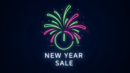 New Year Sale Neon Fireworks Display with Pink and Green Glowing Lights on Dark Background