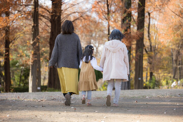秋の公園で一緒に娘と手を繋ぐちょっと高齢のママと祖母(おばあちゃん）　顔無しの後ろ姿