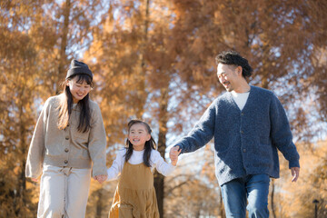 秋の公園で遊ぶ家族 お出かけやレジャーのイメージの手を繋ぐ	