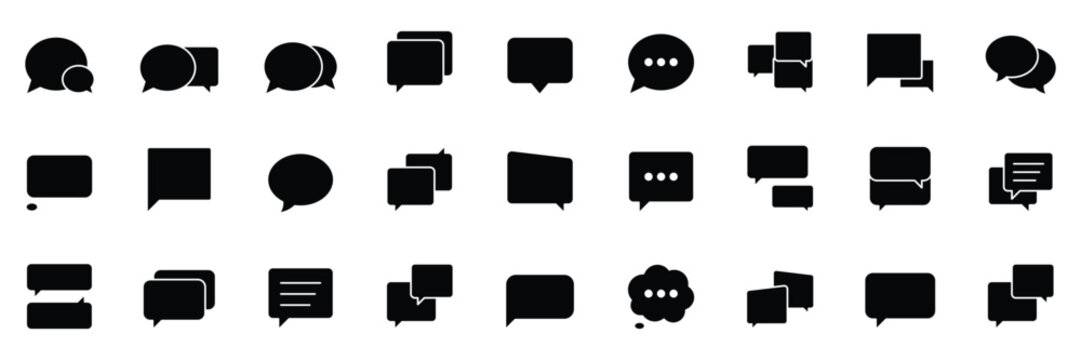Speech bubble solid black icon set. Message, chat, dialogue icons. Chat bubble, talk bubble sign. Popup bubble icons. Cloud speech bubbles collection.