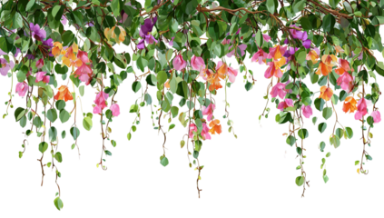 A vibrant flower arrangement hanging from the ceiling in a restaurant, with a mix of colorful flowers and greenery, creating a lively and inviting atmosphere.