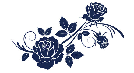 Elegant blue rose floral design with swirling decorative elements and leaves, a beautiful vector graphic illustration.