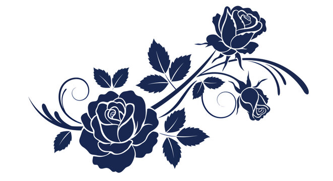 Elegant blue rose floral design with swirling decorative elements and leaves, a beautiful vector graphic illustration.