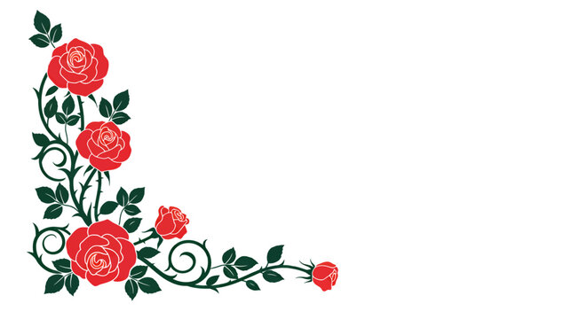 A decorative corner design featuring vibrant red roses, green leaves, and intricate thorny vines on a white background, perfect for embellishment.