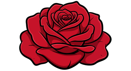 A detailed illustration of a single red rose flower with intricate petals and dark outlines on a white background.