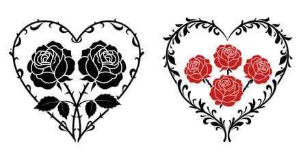 Two heart-shaped designs featuring roses and thorny vines, one with black roses and the other with red roses, symbolizing love and passion.