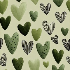 Seamless pattern of modern romantic sage green hearts blending watercolor washes and abstract line art for a sophisticated valentine mood